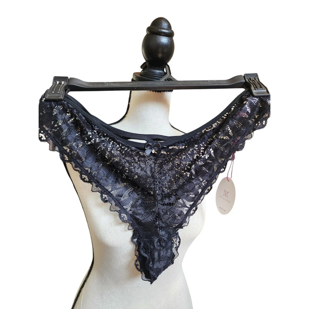 AvidLove Black Lace Underwear Size 2X NWT Strappy Back Rhinestone Dangle
